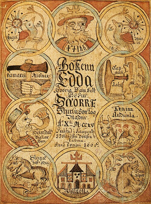 Title page from the eighteenth-century Prose Edda manuscript ÍB 299 4to, fol. 58r, Icelandic National Library; later illustration of the tradition