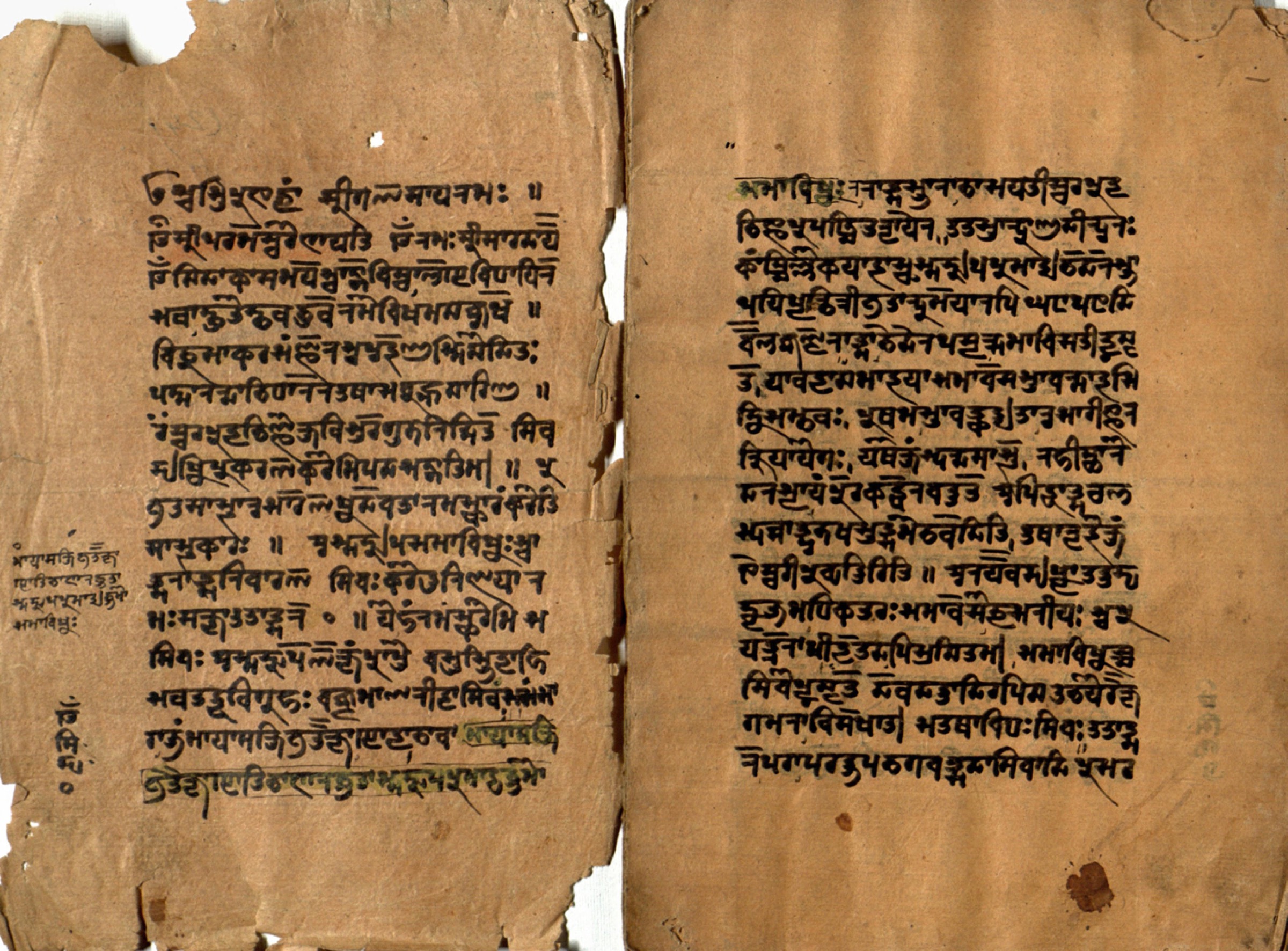 A spread from the Sharada-script manuscript catalogued as 982 Shiva Drishti Somananda, scan image 1. A surviving textual witness to the Śivadṛṣṭi, not an autograph or portrait; the repository record does not establish the manuscript’s date