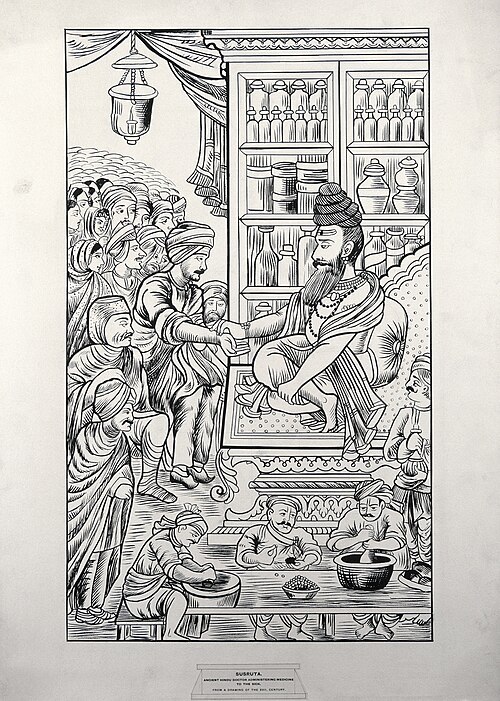 A later pen drawing imagining Sushruta; an undated representation, not a contemporary likeness