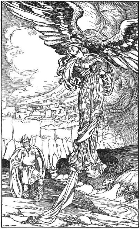 Þjazi carrying away Iðunn: Elmer Boyd Smith’s 1902 illustration of a narrative treated in Haustlǫng. A later illustration, not a portrait of the poet or a reconstruction of his shield