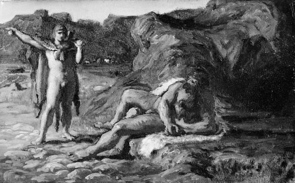 Thor and Hymir, painted by Lorenz Frølich around 1870–1875; Statens Museum for Kunst, KMS7046. A later illustration of a narrative also treated in Húsdrápa, not a surviving image from Úlfr’s hall