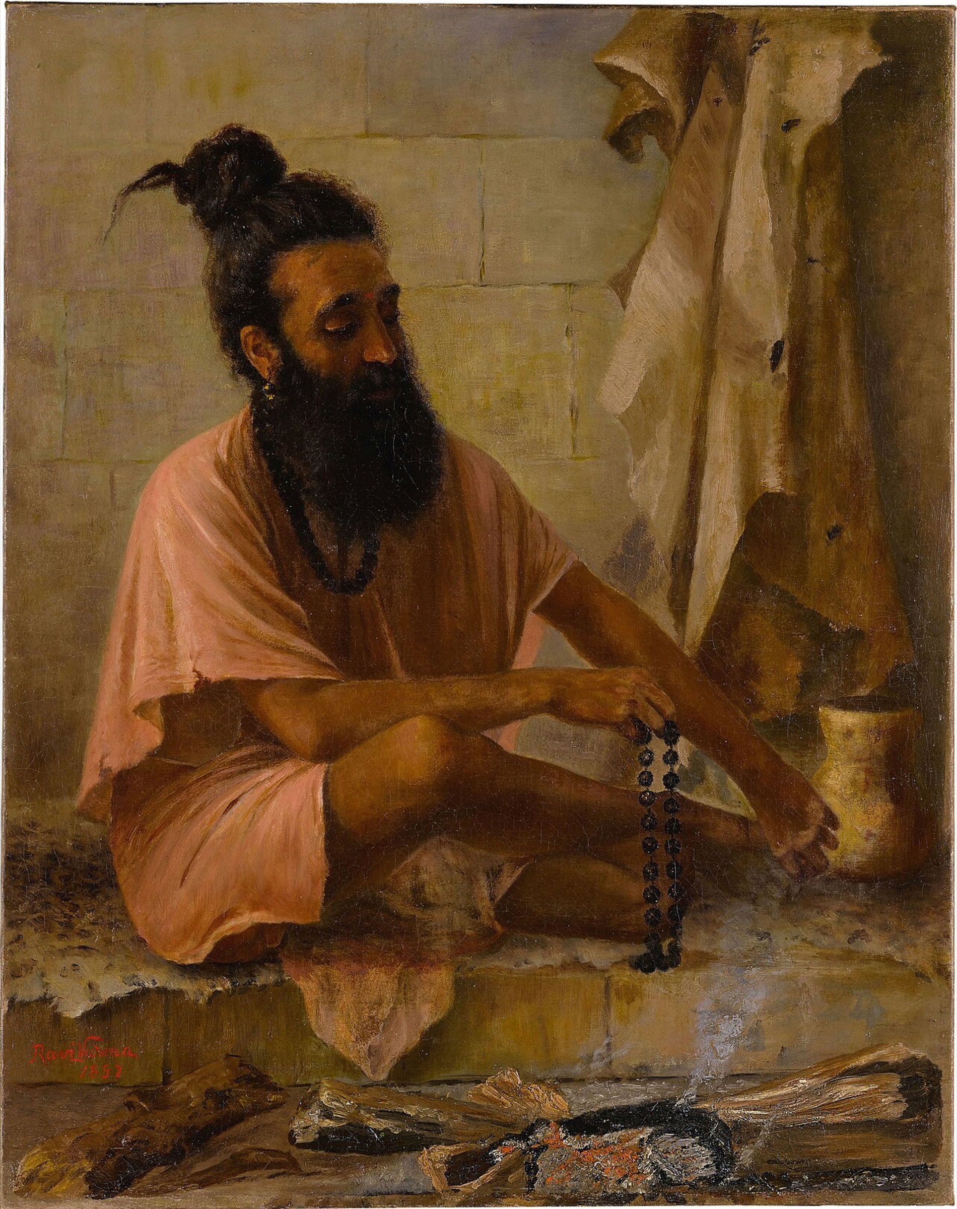 Raja Ravi Varma, Viśvāmitra in Meditation, 1897. The artist depicts the sage with prayer beads beside a small fire; the work is a later traditional image