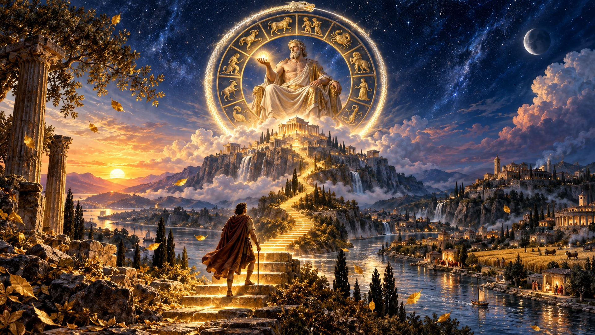 Aion, the God of eternity, stands within the turning ring of the zodiac above Olympus while a traveller climbs a path of golden light up from the river of mortal days