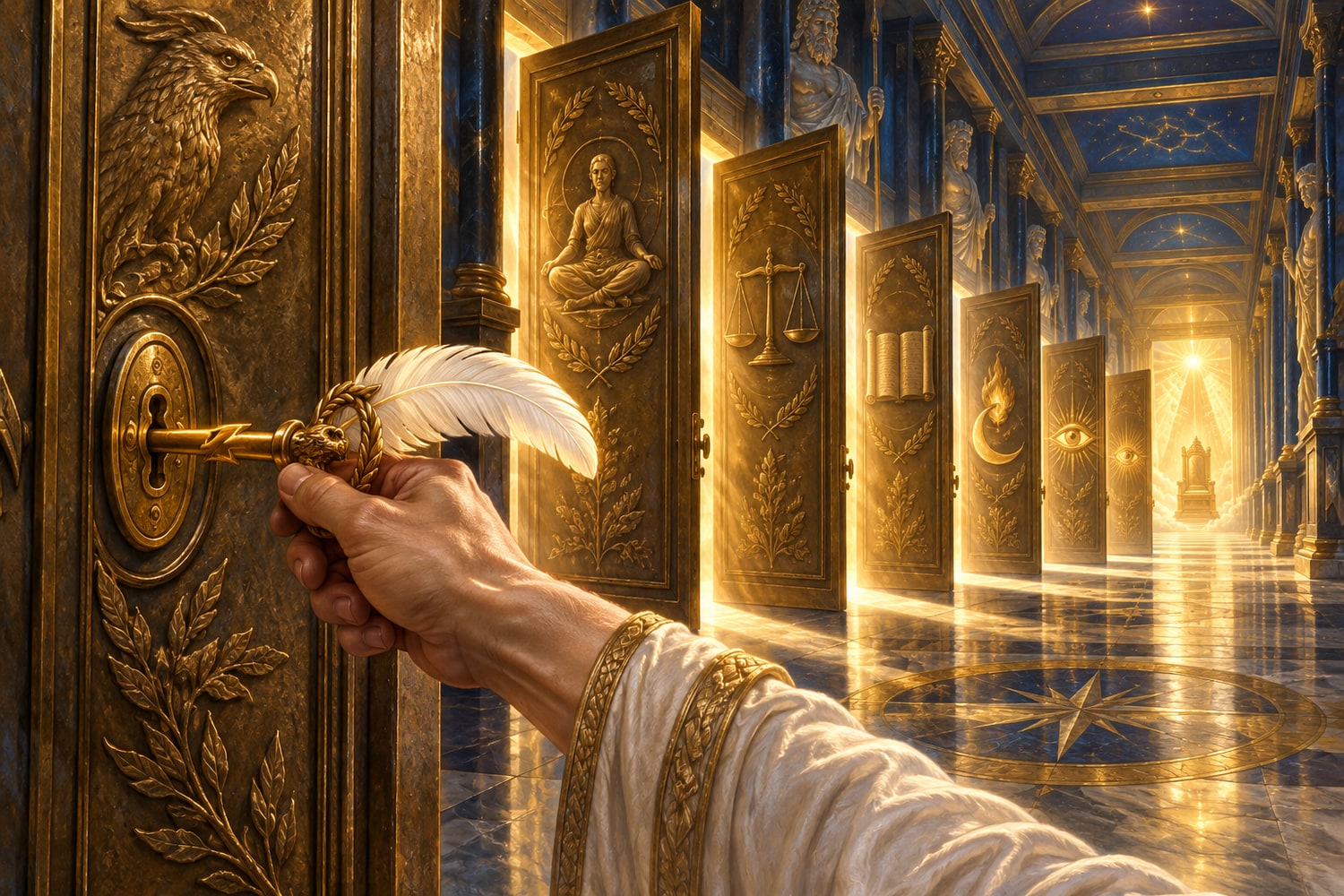 A hand turns a golden key shaped like a thunderbolt crowned with the feather of Ma'at, and a long corridor of bronze temple doors swings open one after another in waves of light