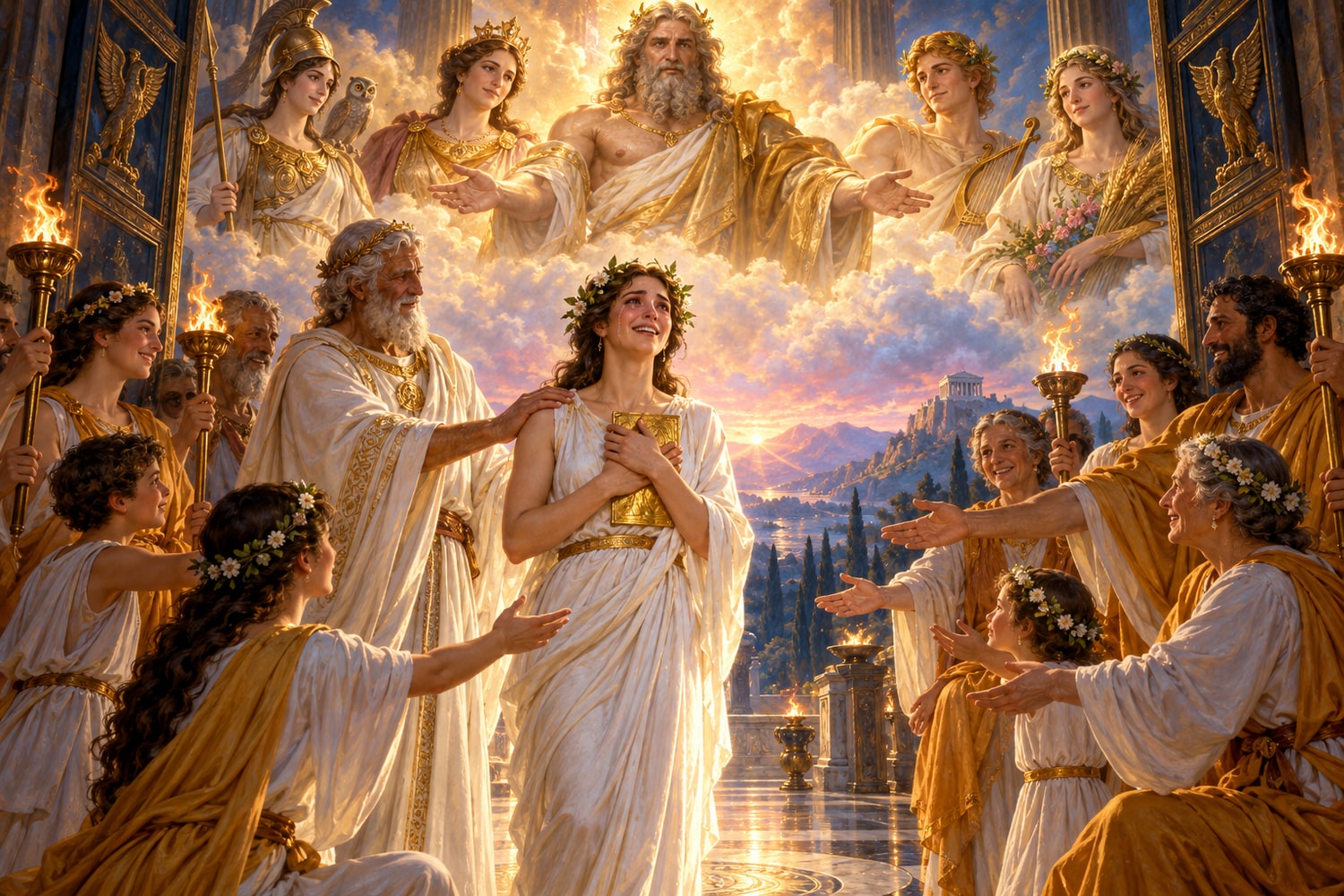A new initiate crowned with myrtle steps through torch-lit temple doors at dawn into the embrace of a family of initiates, while the Olympian Gods above open their arms in welcome