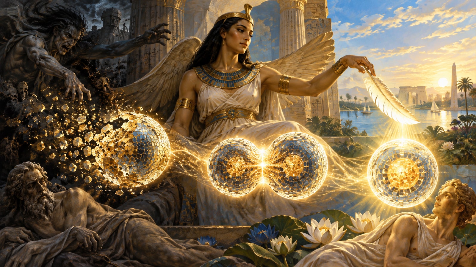 Luminous human cells rendered as a gold mosaic: an old cell dissolving in order, a cell dividing in 2, and a new stem cell glowing beneath the feather of Ma'at