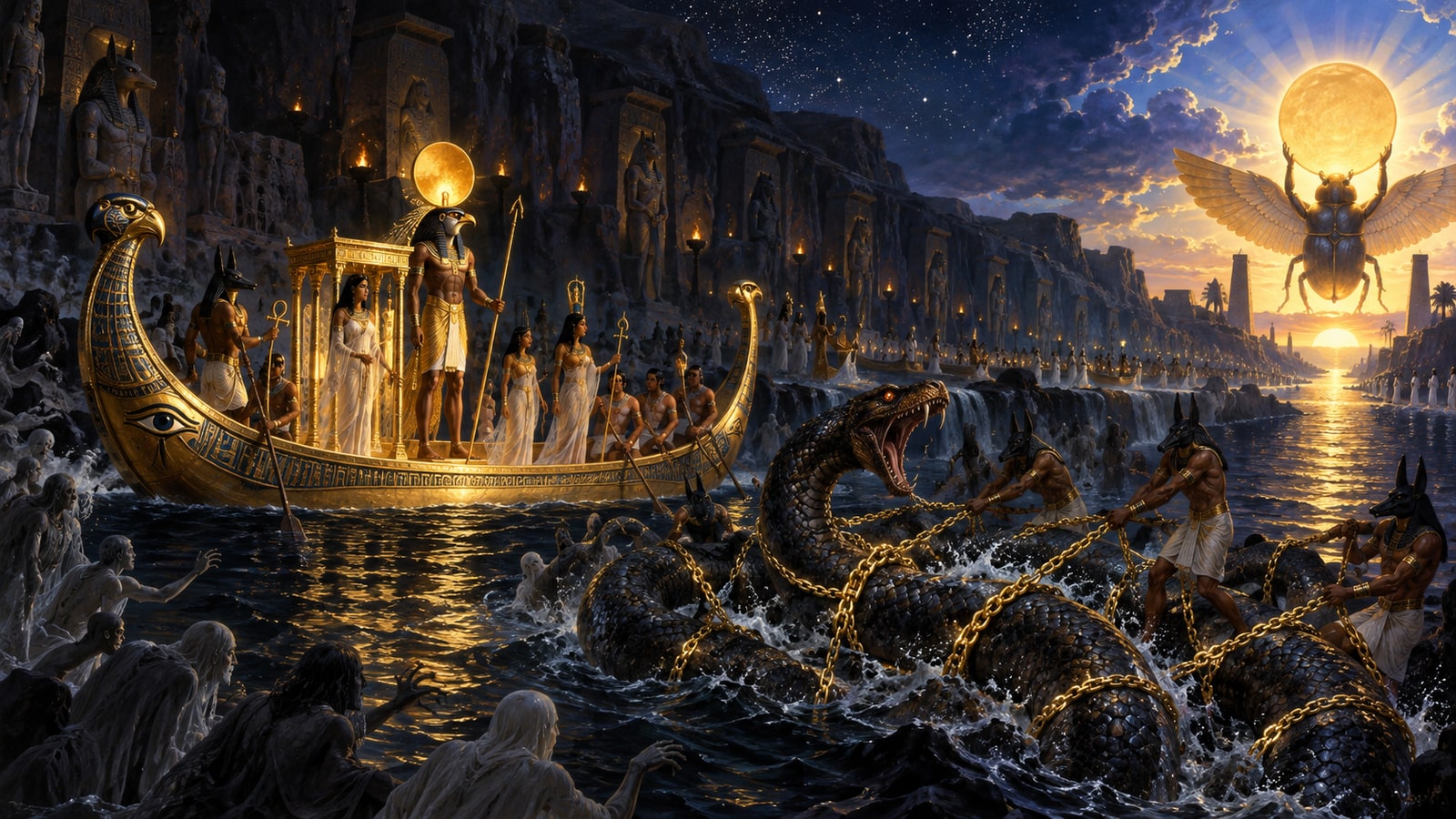 The solar barque of Ra sailing the dark river of the Duat while Apophis is held in golden fetters and Khepri lifts the new sun at the horizon