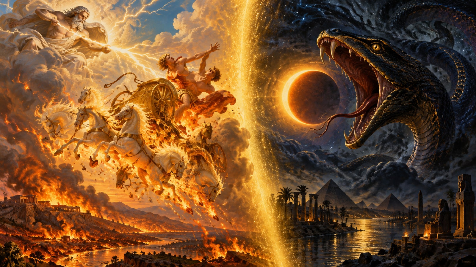 Split scene of Phaethon's burning chariot struck by the thunderbolt of Zeus on one side and Apophis opening his jaws toward a fading sun on the other, divided by a band of golden light