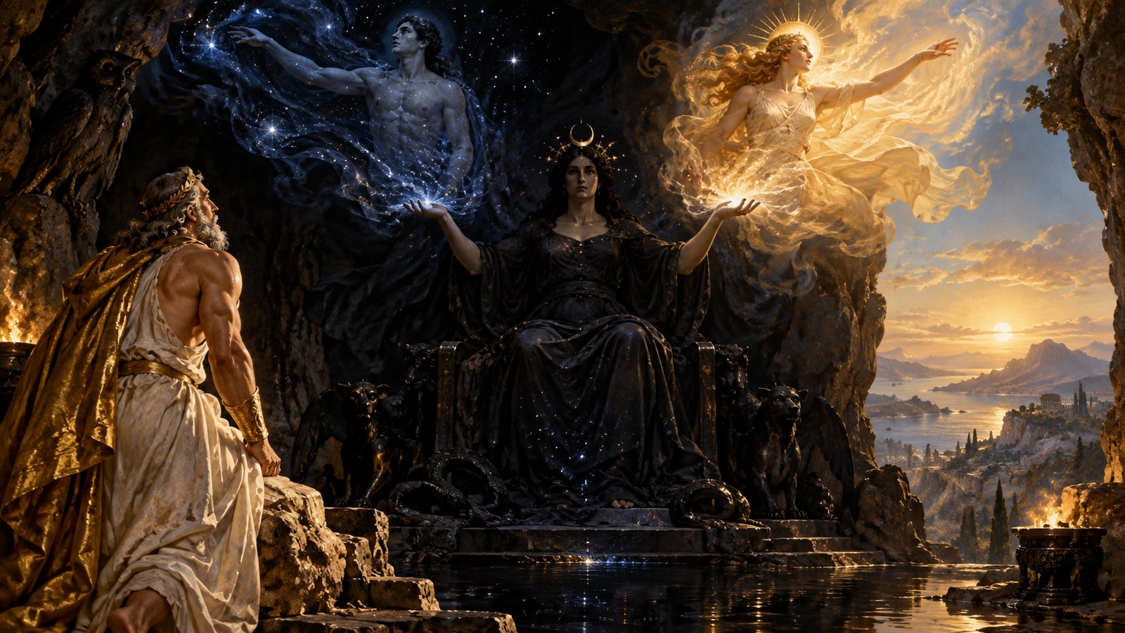 Zeus standing in reverence at the mouth of the cave of Night, where Nyx sits enthroned and raises Aether and Day from her hands