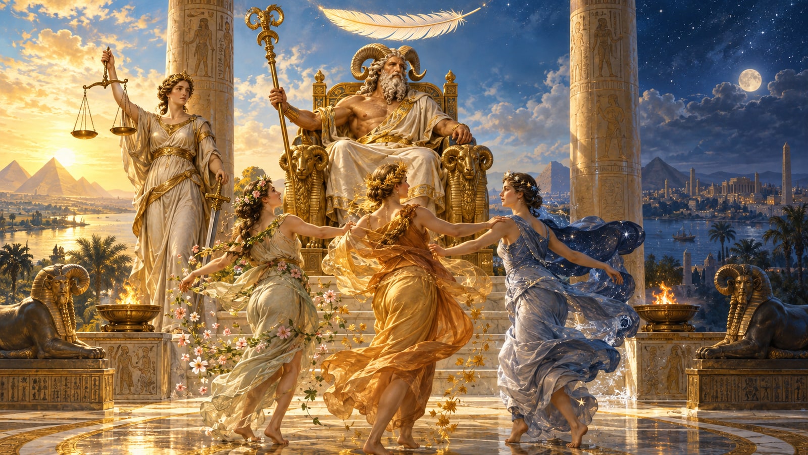 Zeus Ammon with curling ram's horns enthroned beneath the floating feather of Ma'at, with Themis holding the scales and the 3 Horai dancing before the throne